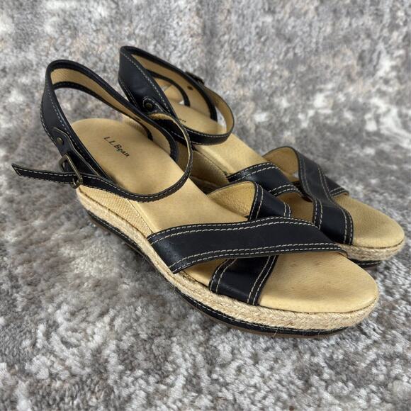 LL Bean Womens 10M(B) Leather Ankle Strap Sandals Black Espadrilles Wedge Shoes - Picture 1 of 9